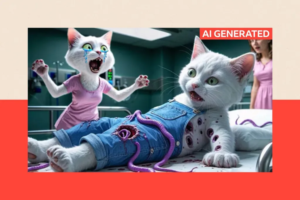 An AI-generated cartoon of a cat on a hospital bed; over it, another cat looks on in horror