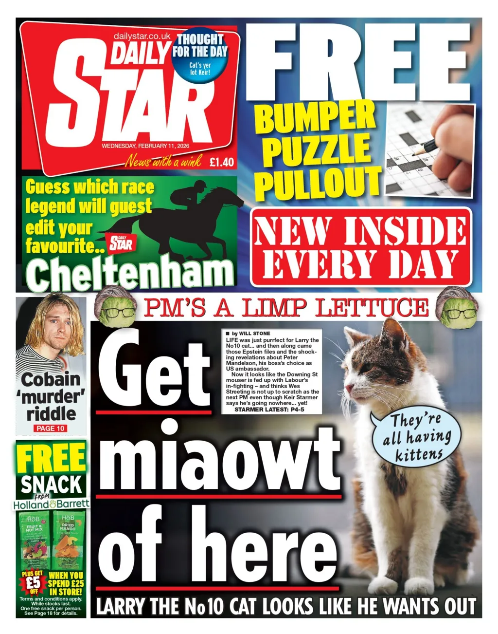"Get miaowt of here" reads the headline on the front page of the Daily Express/
