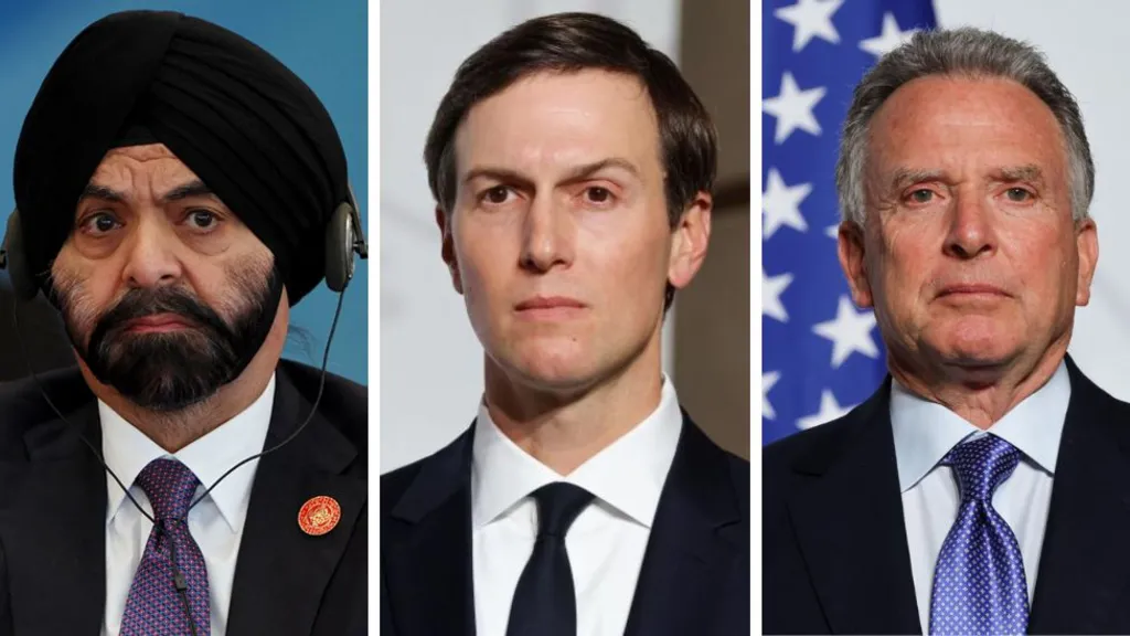 A composite image of Ajay Banga, Jared Kushner and Steve Witkoff.