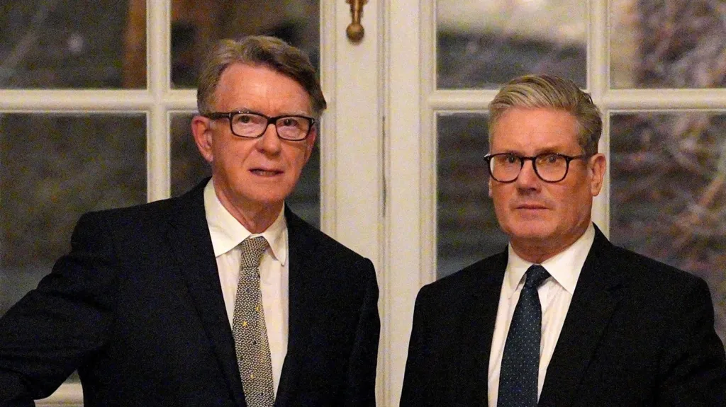 Prime Minister Sir Keir Starmer and Lord Mandelson during a welcome reception at the ambassador's residence in Washington.