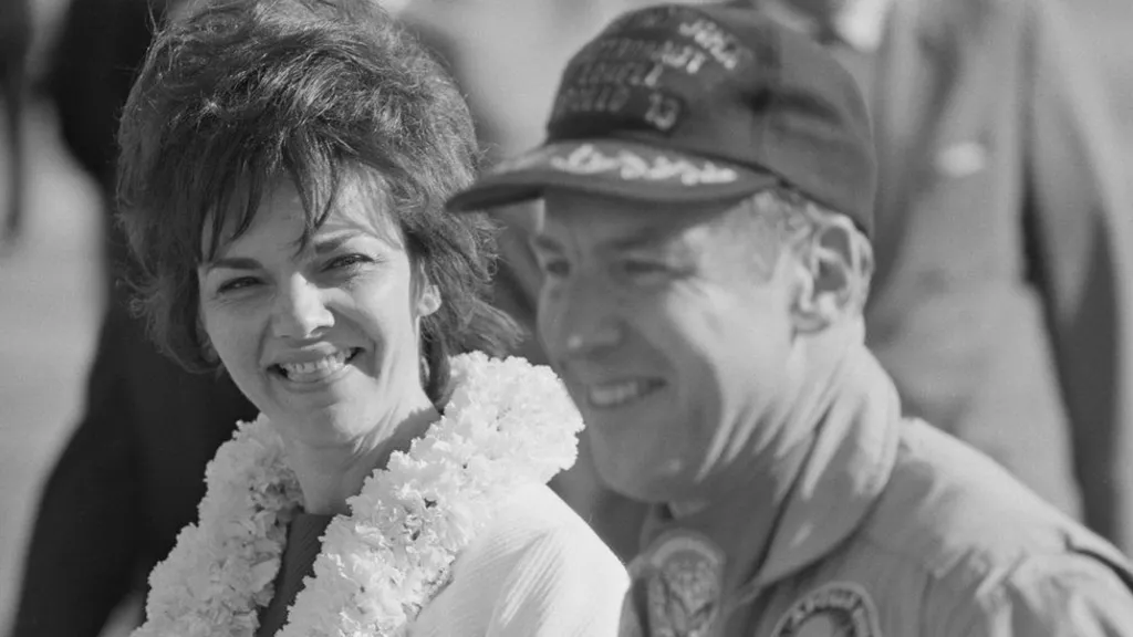 A black and white photo of Jim and Marilyn Lovell