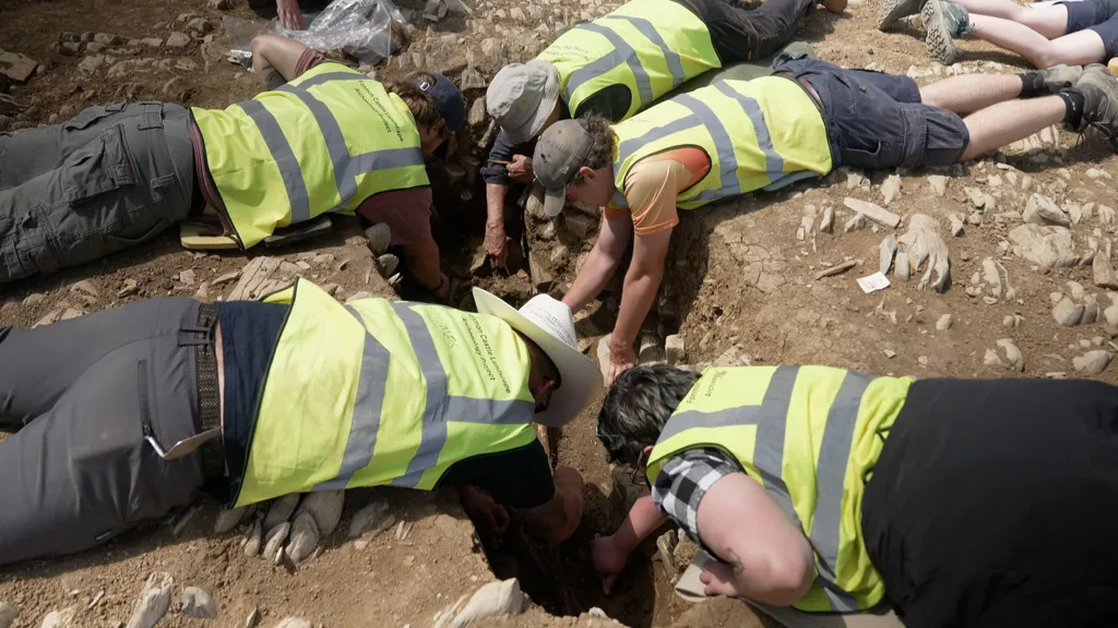 Five archaeologists lying face down on the ground clustered around a grave. They are wearing bright yellow high-visibility vests and reaching down into the grave with their hands and tools. 