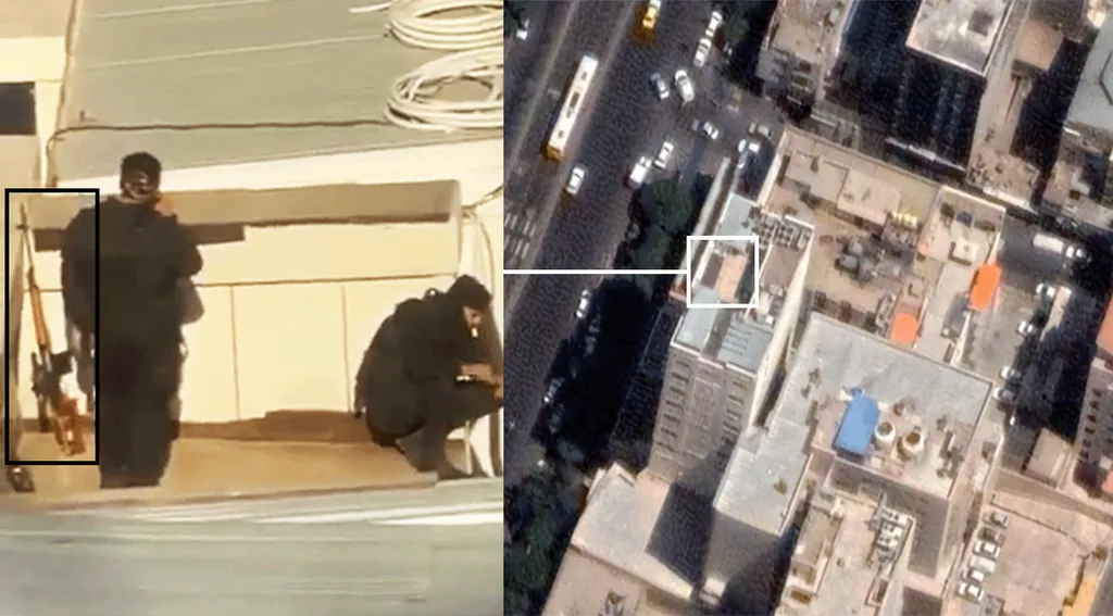 A composite image shows a screen grab from a video of the 9 January protests verified by BBC News Persian, showing two figures in black tactical uniforms of the type worn by several branches of the security forces, including the IRGC, on a hotel rooftop, with a Dragunov sniper rifle (SVD) leaning against a wall (left), and their position displayed on an aerial photograph of the north-eastern city of Mashhad.