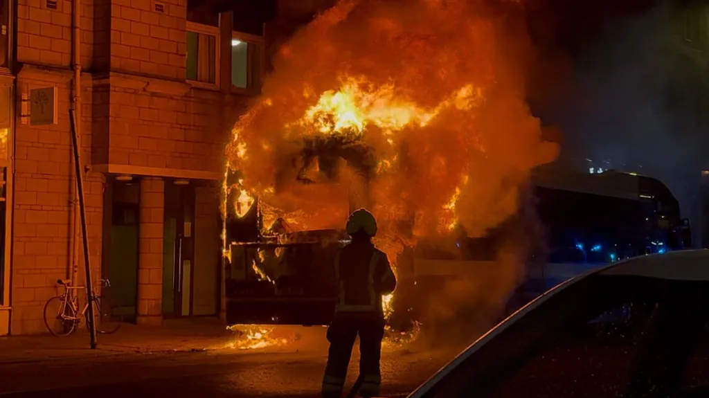 A firefighter silhouetted as they tackle a bus engulfed in flames