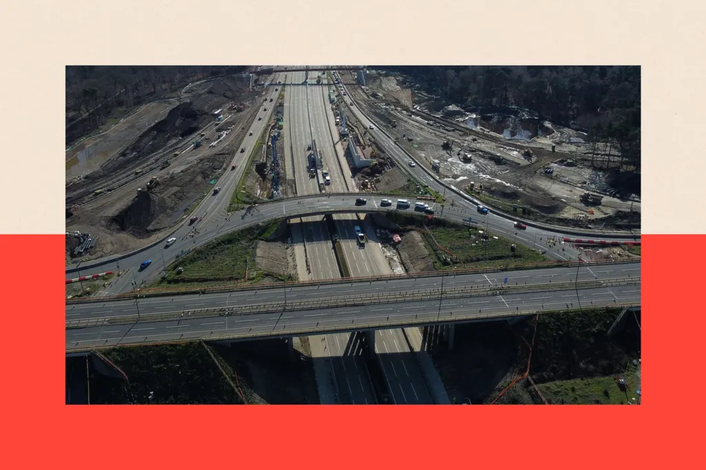 An overhead view shows work ongoing at Junction 10 of the London orbital motorway the M25