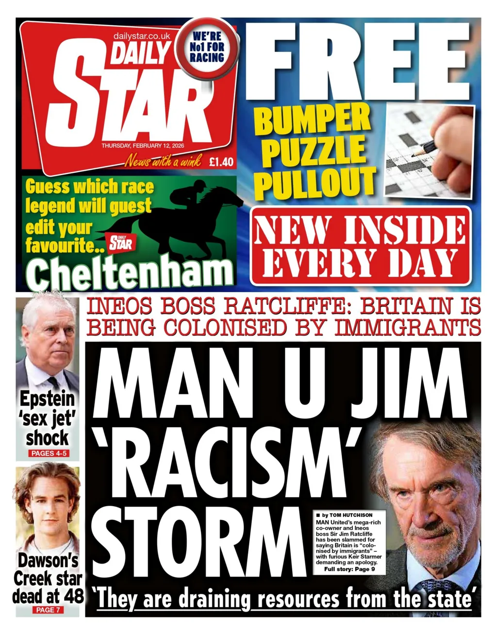 "Man U Jim 'racism' storm" reads the headline on the front page of the Daily Star.