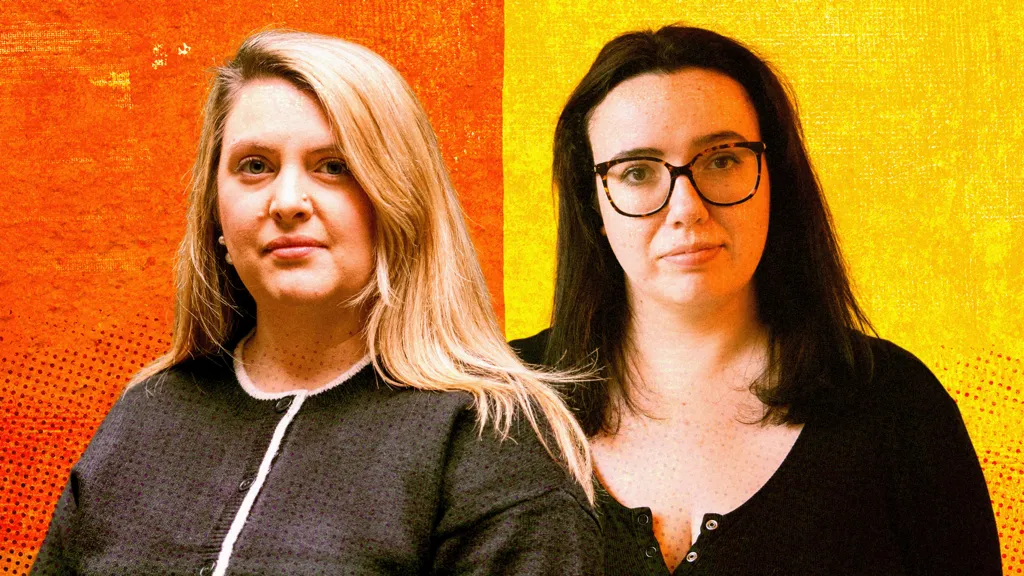 Sophie Hartley and Beth Cox pose together against a bold, stylized backdrop split into orange and yellow. Sophie on the left has long blonde hair and wears a dark buttoned top with white trim. Beth on the right has dark hair, glasses, and a black buttoned top. The background features a dotted, textured gradient that gives the image a modern, graphic look.
