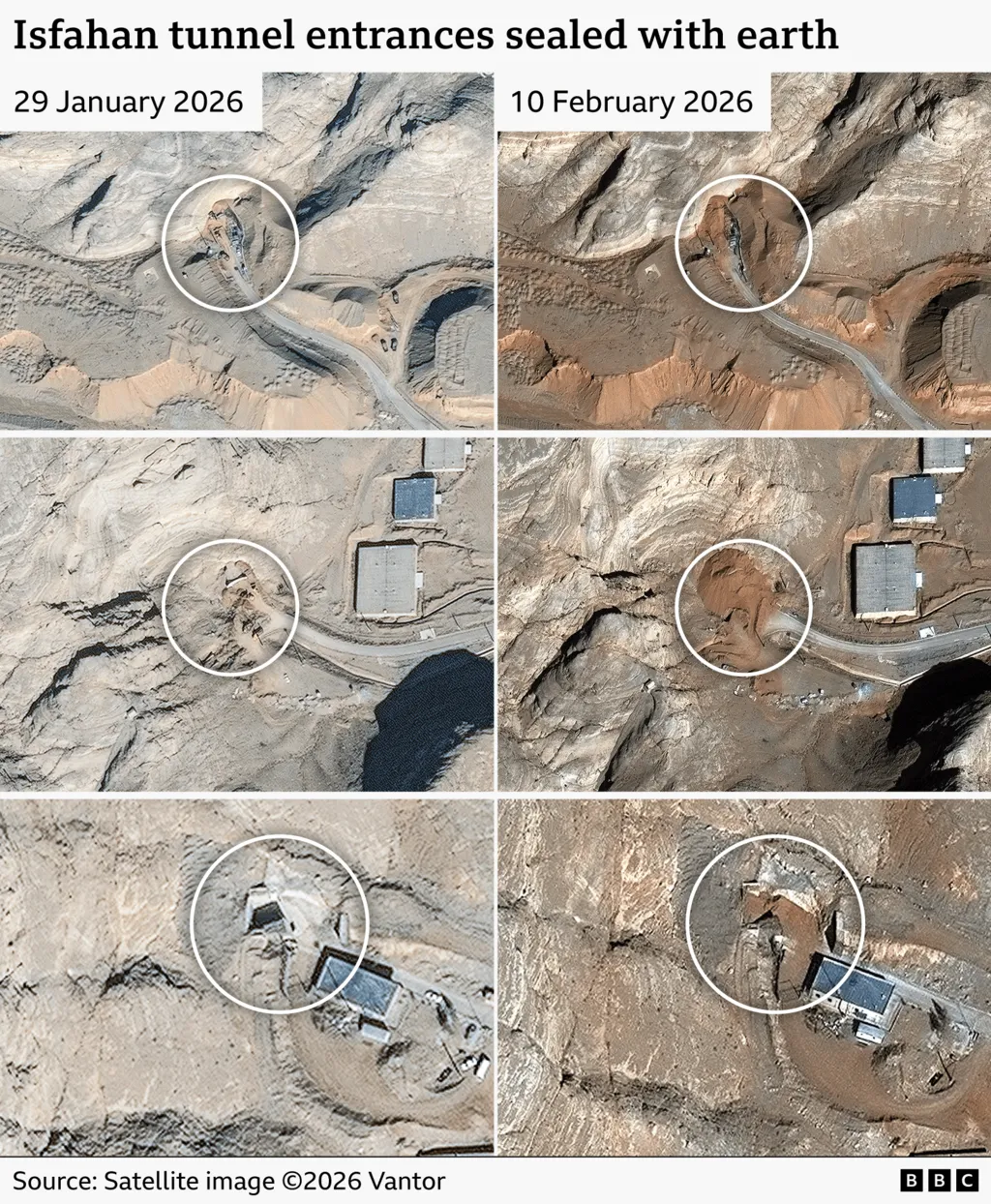 Satellite images showing Isfahan tunnel entrances sealed with earth 