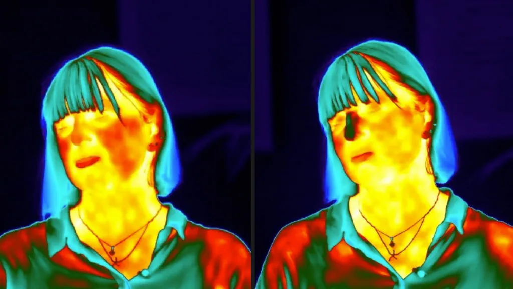 The picture shows two thermal images - side by side - of the same woman. In the thermal image on the left, her face looks yellow and red, indicating warmth. In the thermal image on the right, her nose is blue. It has cooled down as she has been stressed by the task she is being asked to complete. 