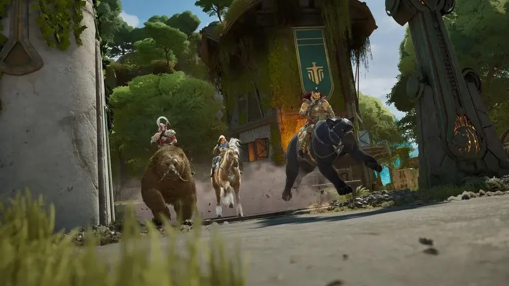 Screenshot from Highguard shows three player characters riding unusual mounts - a grizzly bear, a horse and a panther, through a clearing surrounded by trees.