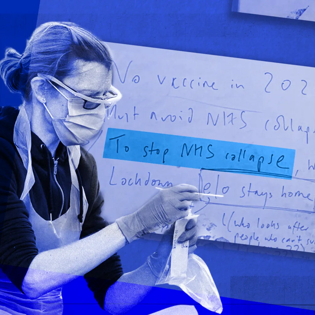 A female medical practitioner wearing gloves and holding a Covid test. Behind her is a an extract of a handwritten document with words highlighted saying: "To stop NHS collapse".