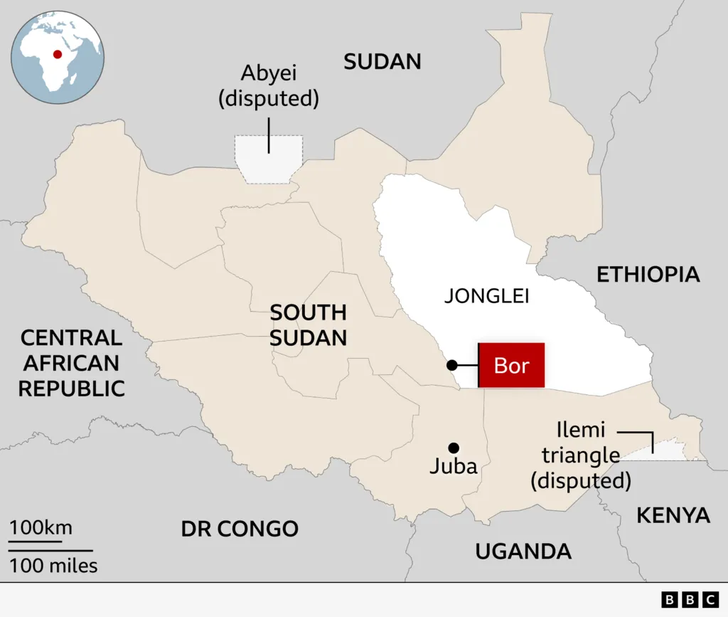 Map showing location of South Sudan, Juba, Bor and Jonglei state