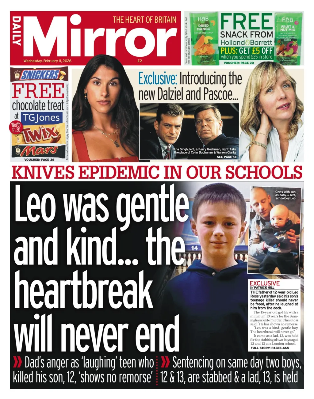 "Leo was gentle and kind... the heartbreak will never end" reads the headline on the front page of the Daily Mail.