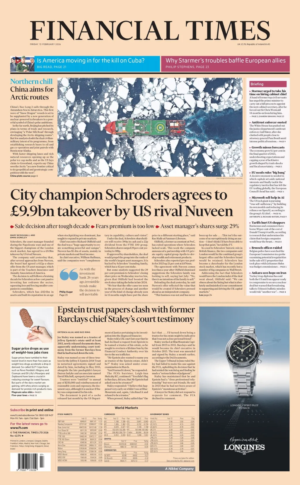 "City champion Schroders agrees to £9.9bn takeover by US rival Nuveen" reads the headline on the front page of the Financial Times.