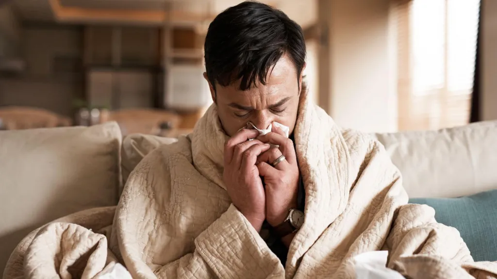 Sick looking man wrapped up in a cream coloured blanket and holding a tissue to his nose.