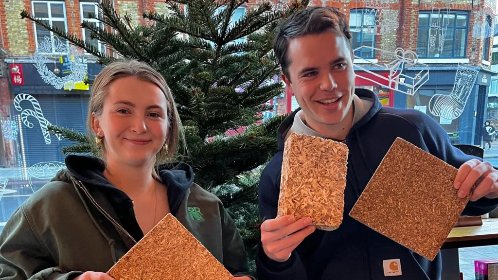 Caelo and Hugo stand indoors in front of a Christmas tree, each holding rectangular boards made from compressed Christmas tree material. Both are smiling at the camera.