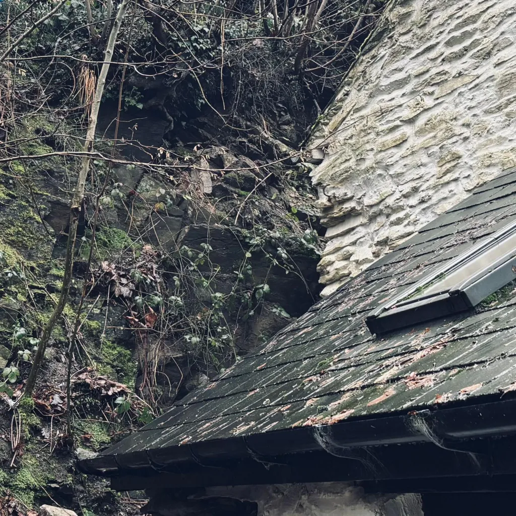 The hillside is directly against the rear of the cottage with cracks in the rock among the vegetation growing on it. 