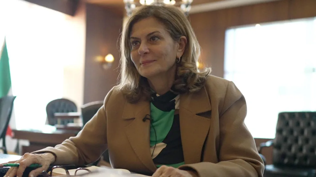 Hind Kabawat in her office, looking up from a folder of papers on her desk. She has brown, shoulder-length hair and is wearing a light brown coat over a green, black and white patterned dress. Leather chairs, a Syrian flag and a chandelier can be seen in the background.