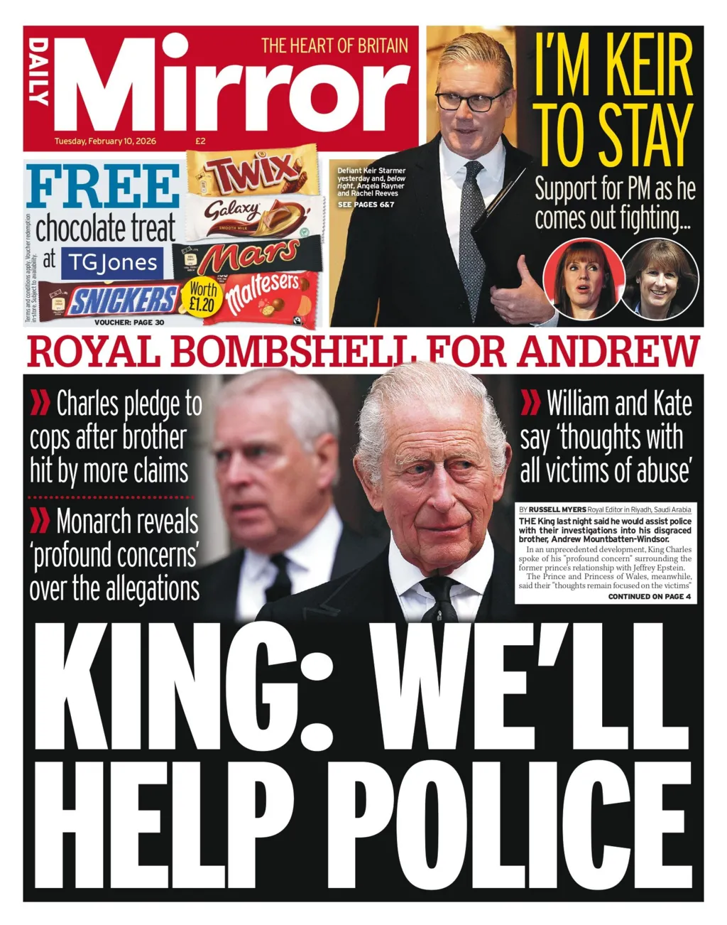 "King: We'll help police" reads the headline on the front page of the Daily Mirror.