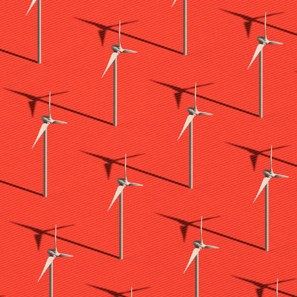 Wind turbines on a red background