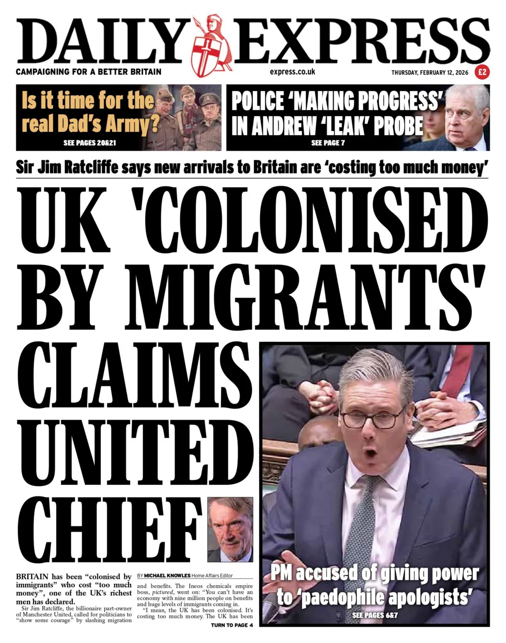 "UK 'colonised by migrants' claims United chief" reads the headline on the front page of the Daily Express.
