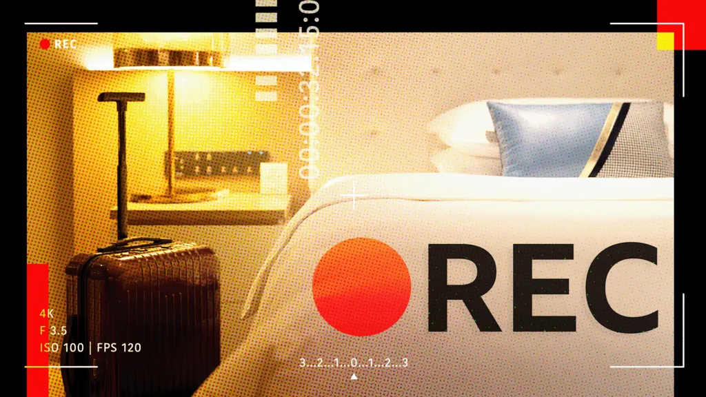 A designed image showing a generic hotel room, black wheelie suitcase, a standard lamp, a double bed with a white bedspread and blue, gold and black and white checked pillow, and the words REC with a red recording dot emblazoned over the top. 