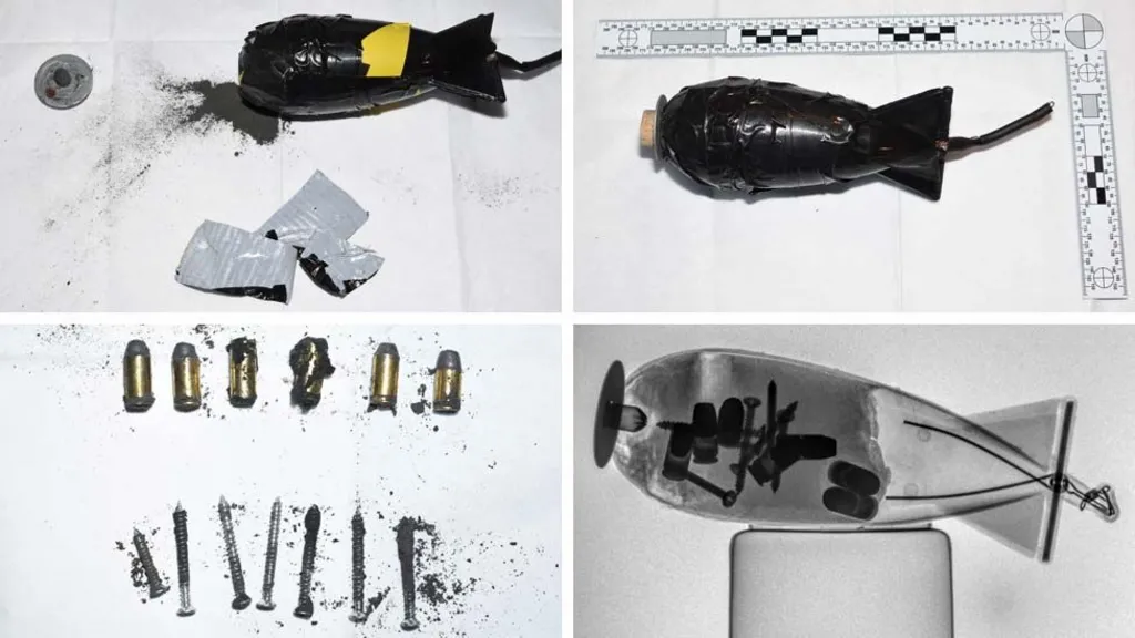 A composite of police photos which show two homemade explosive devices, and an X-ray type shot showing how there are bullets and nails inside. Another image shows nails and bullets.