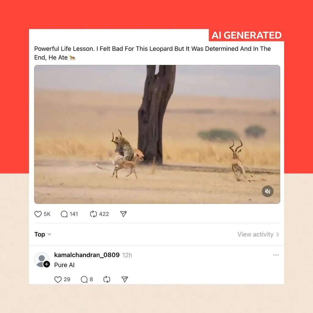 An AI-generated image, posted on Facebook, showing a fake leopard hunt; under it, a commenter writes "Pure AI"