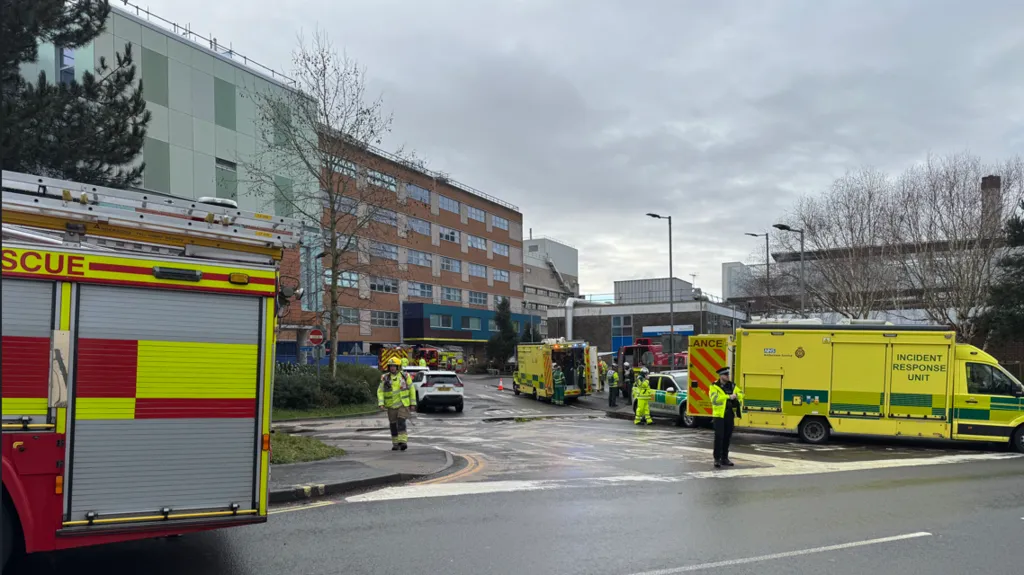 Police and fire crews, along with fire engines, outside Southampton General Hospital attending to the fire.