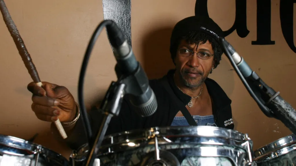 Sly Dunbar behind his drum kit