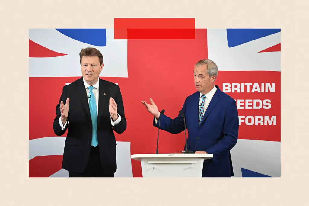 Chairman of Reform UK Richard Tice and party leader Nigel Farage speak at Church House, Westminster, on 10 June 2024.