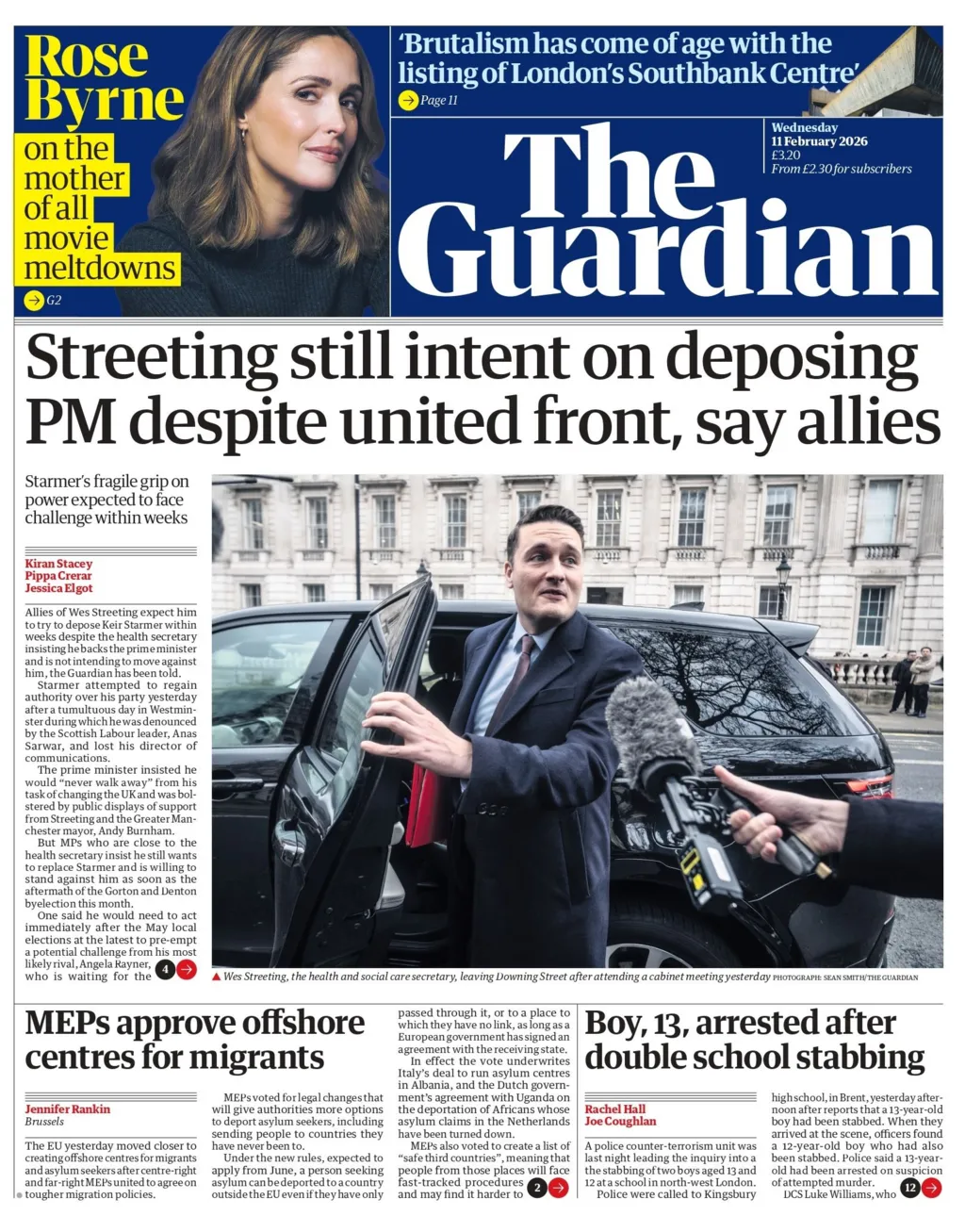 "Streeting still intent on deposing PM despite united front, say allies" reads the headline on the front page of the Guardian. 