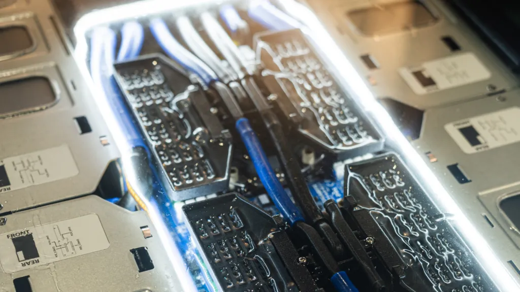 Pipework around computer chips some blue and some bright white.