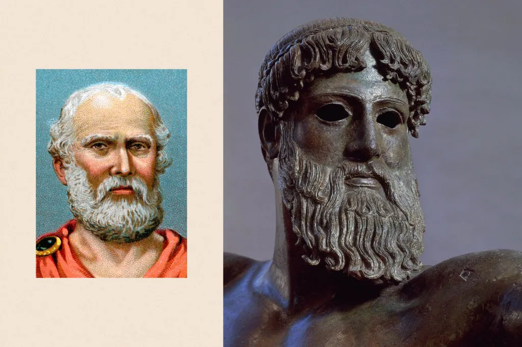 Two treated images of a drawing of Plato and a close up image of a statue of Zeus.