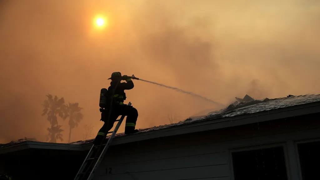 A firefighter, dressed in protective clothing, is silhouetted as they fire a water cannon at a burning house with the sun shining through a hazy sky in the background, in Altadena on 9 January 2025. 