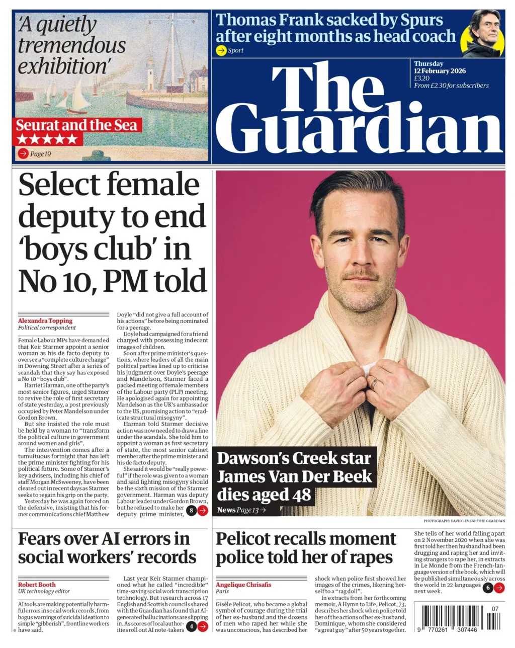 "Select female deputy to end 'boys club' in No 10, PM told" reads the headline on the front page of the Guardian. 