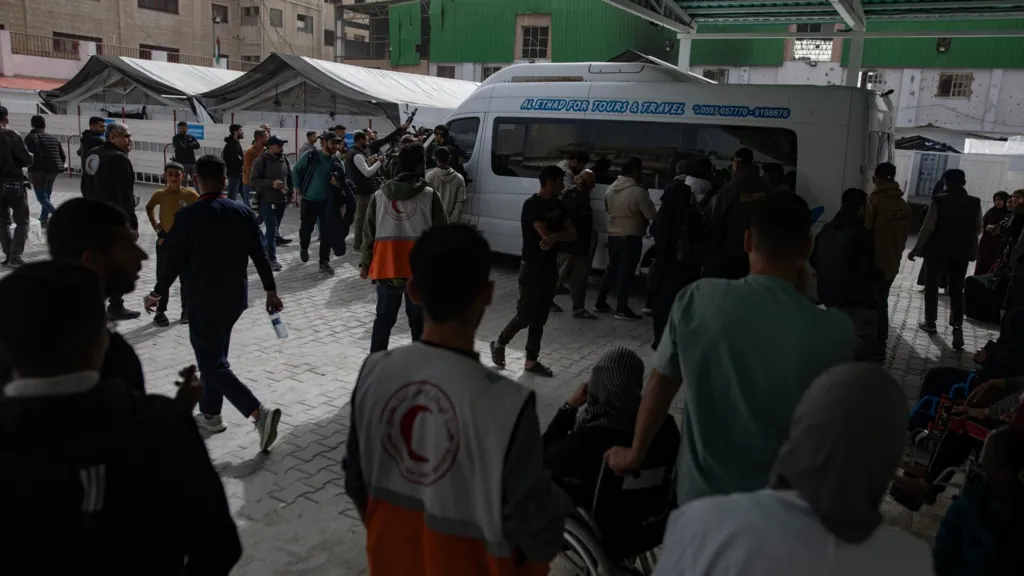 Palestinian patients waiting for medical evacuation via the Rafah crossing with Egypt gather at the Palestinian Red Crescent Hospital in Khan Younis, southern Gaza (2 February 2026)