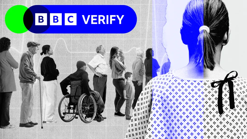 A woman with her back to the camera wears a hospital gown. There is a line of men, women and children of different ages, a man in a wheelchair and a man with a walking stick.