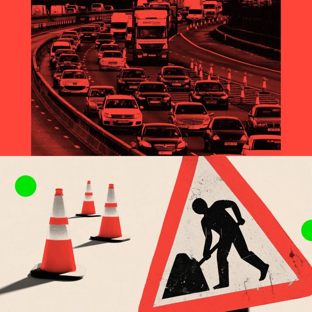 Treated images of a traffic jam on the M25, traffic cones and a road work sign