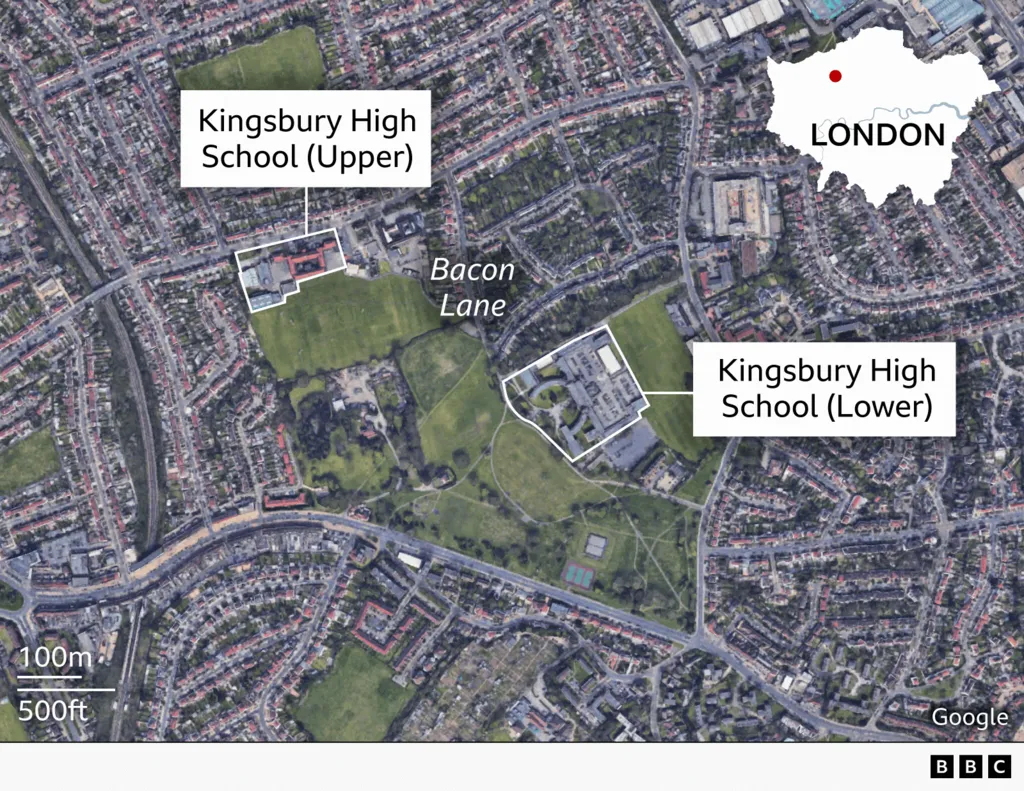 A satellite image of the area surrounding Bacon Lane. Kingsbury High School's upper and lower sites are labelled on the map