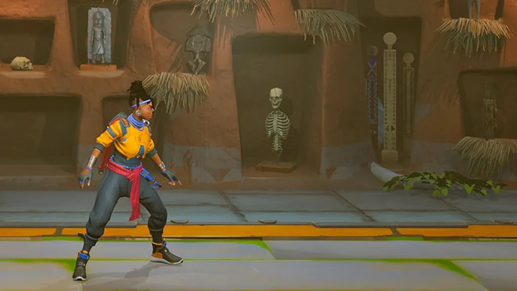 A screengrab from Relooted showing a side view Nomali, in a stance in which  she looks ready for action. She is in what is called the 'artefacts room' and behind her can be seen various African artefacts, a skull and a skeleton displayed in alcoves.