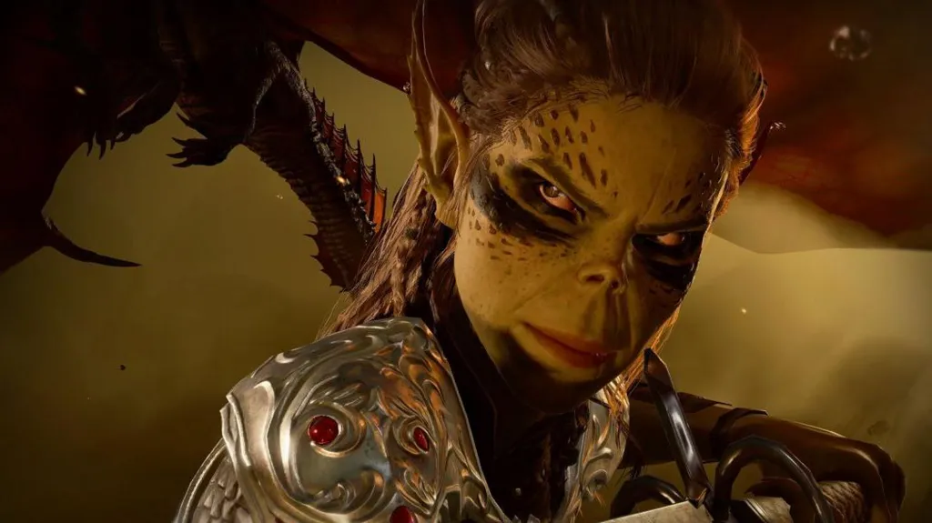Lae'zel a githyanki Fighter character in the Baldurs Gate 3 game. She has black battle paint under her eyes, and her skin is green. She is glowering off camera and dressed in silver armour, and holding a sword. A dragon flies behind her.