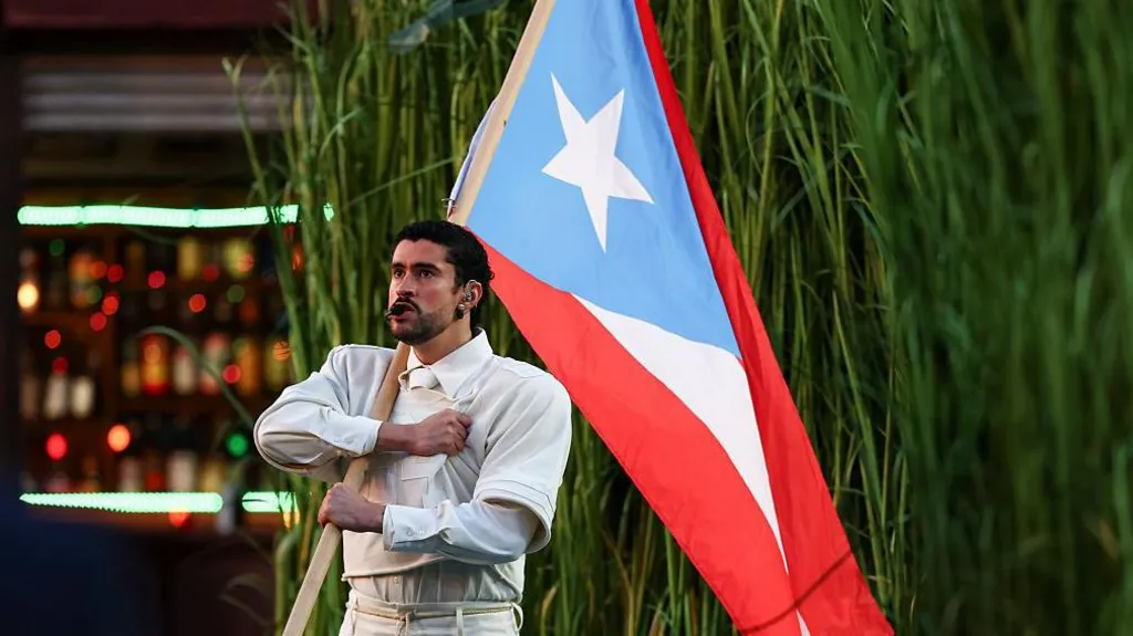 Bad Bunny performs with Puerto Rico's flag during the halftime in the Apple Music Halftime Show during the Super Bowl halftime at Levi's Stadium in Santa Clara, California. Photo: 8 February 2026