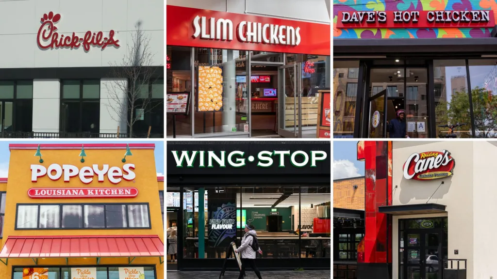 Composite picture showing six fried chicken shop fronts 