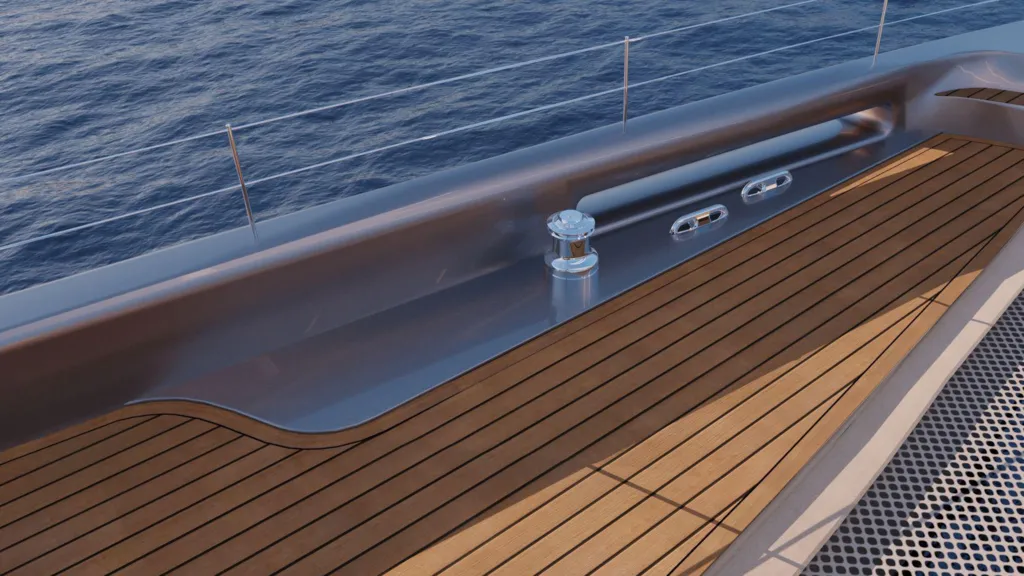 The wooden deck of a Sunreef yacht