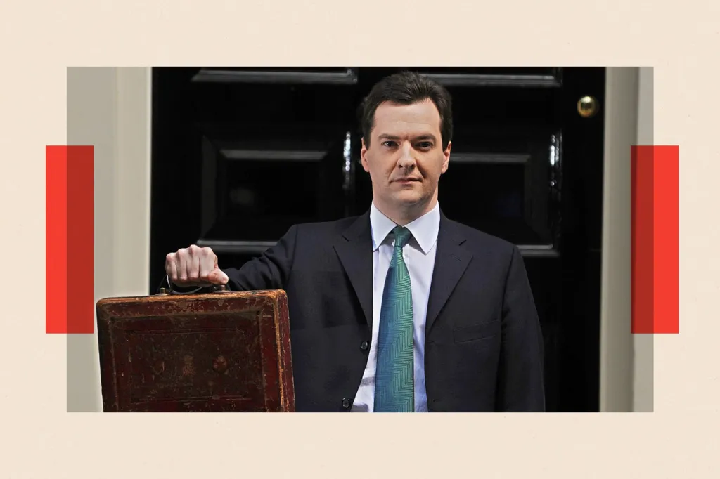 George Osborne holds Gladstone's red box as he poses for pictures outside 11 Downing Street in London

