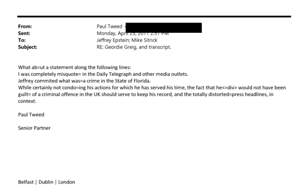 "Jeffrey commited (sic) what was=a crime in the State of Florida,"
"While certainly not condo=ing (sic) his actions for which he has served his time, the fact that he<=div> would not have been guilt= of a criminal offence in the UK should serve to keep his record, and the totally distorted=press headlines, in context."