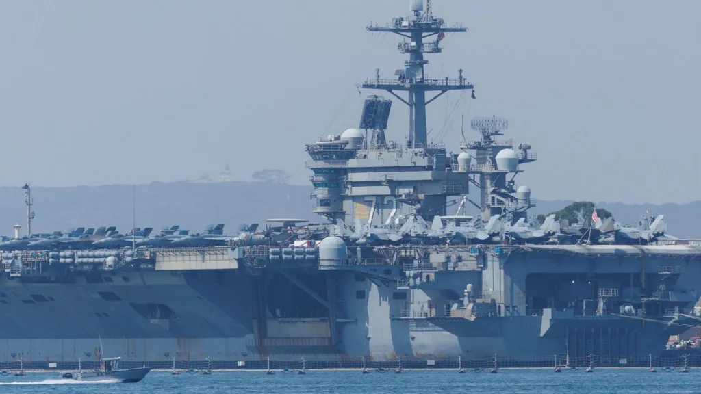 The USS Abraham Lincoln (CVN-72), a Nimitz-class nuclear-powered aircraft carrier, is shown at Naval Air Station North Island in San Diego, California, US August 11, 2025.