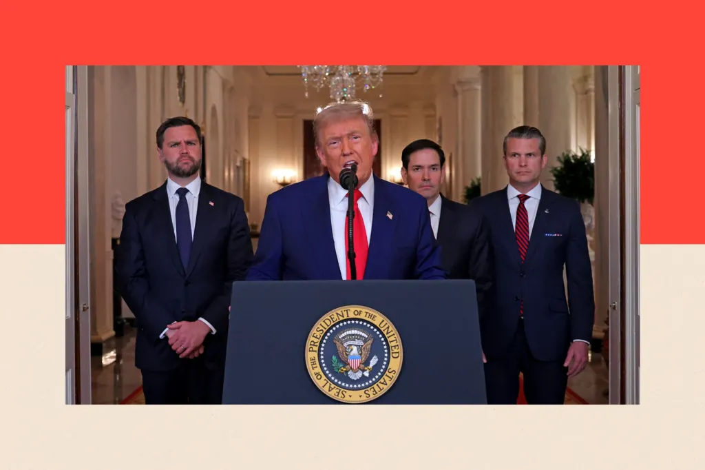 US President Donald Trump, alongside US Vice President JD Vance (L), US Secretary of State Marco Rubio (2nd R) and US Secretary of Defense Pete Hegseth (R), from the White House in Washington
