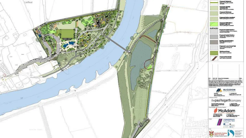A PDF design showing a birds eye view of the border between Strabane and Lifford, both split by the River Foyle. The community park spaces are coloured green, showing details of where buildings, wet lands, and even trees are located. A legend is featured on the right, and below the many partners involved with the project are listed.